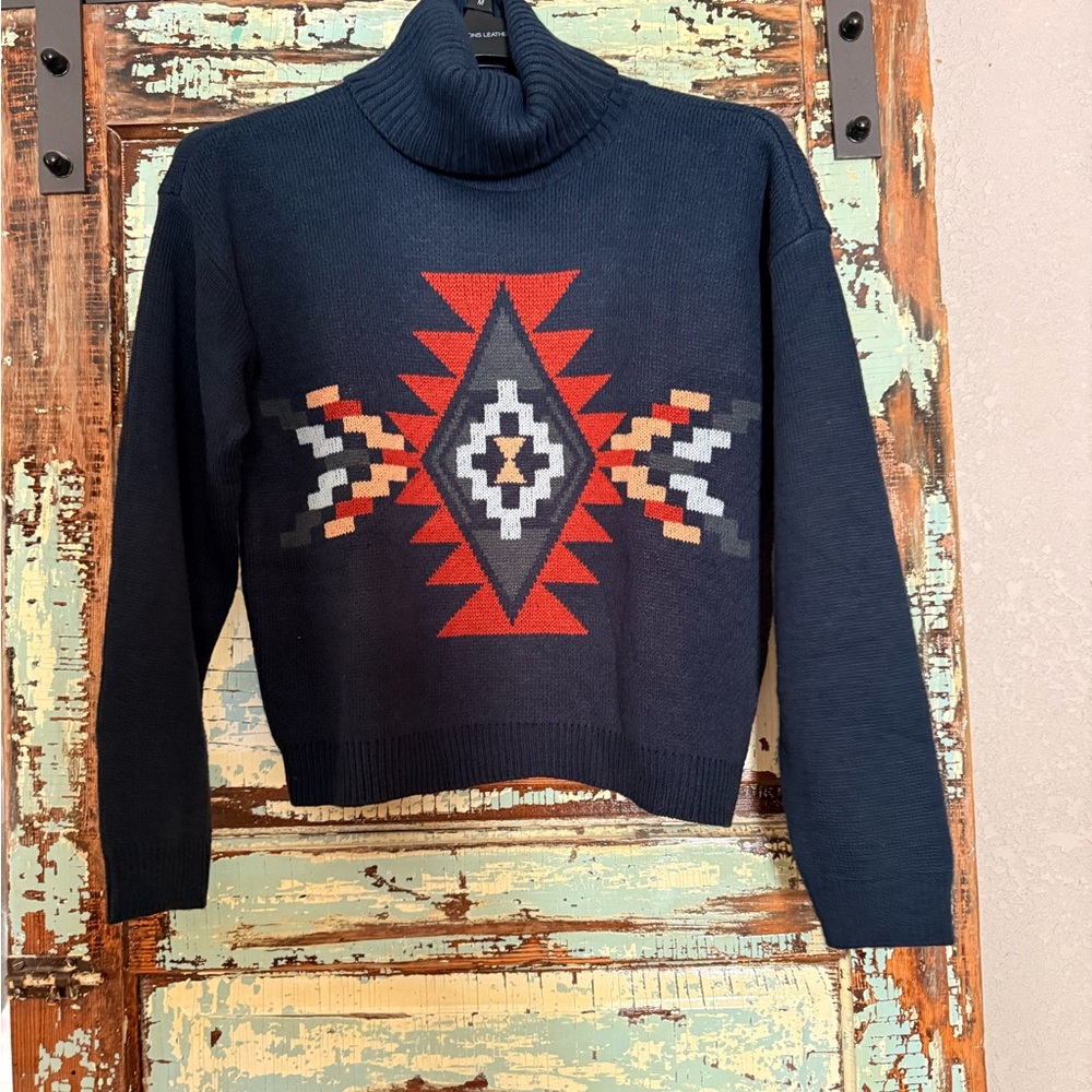 Rock & Roll Cowgirl Navy and Red Geometric Turtleneck Sweater